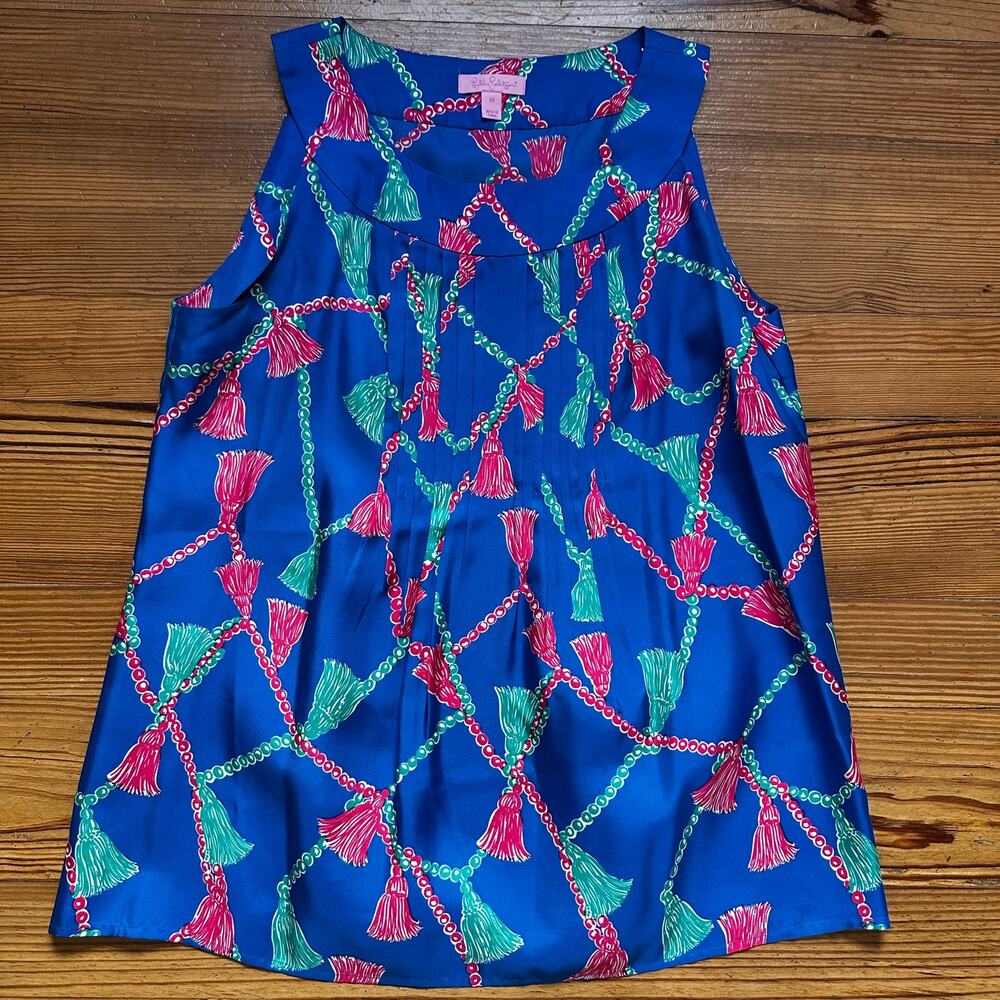 Lilly Pulitzer blue‎ tassel design silk pleated front blouse shirt SIZE M